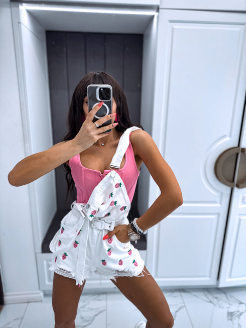 WHITE denim shorts "PINK STRAWBERRY"